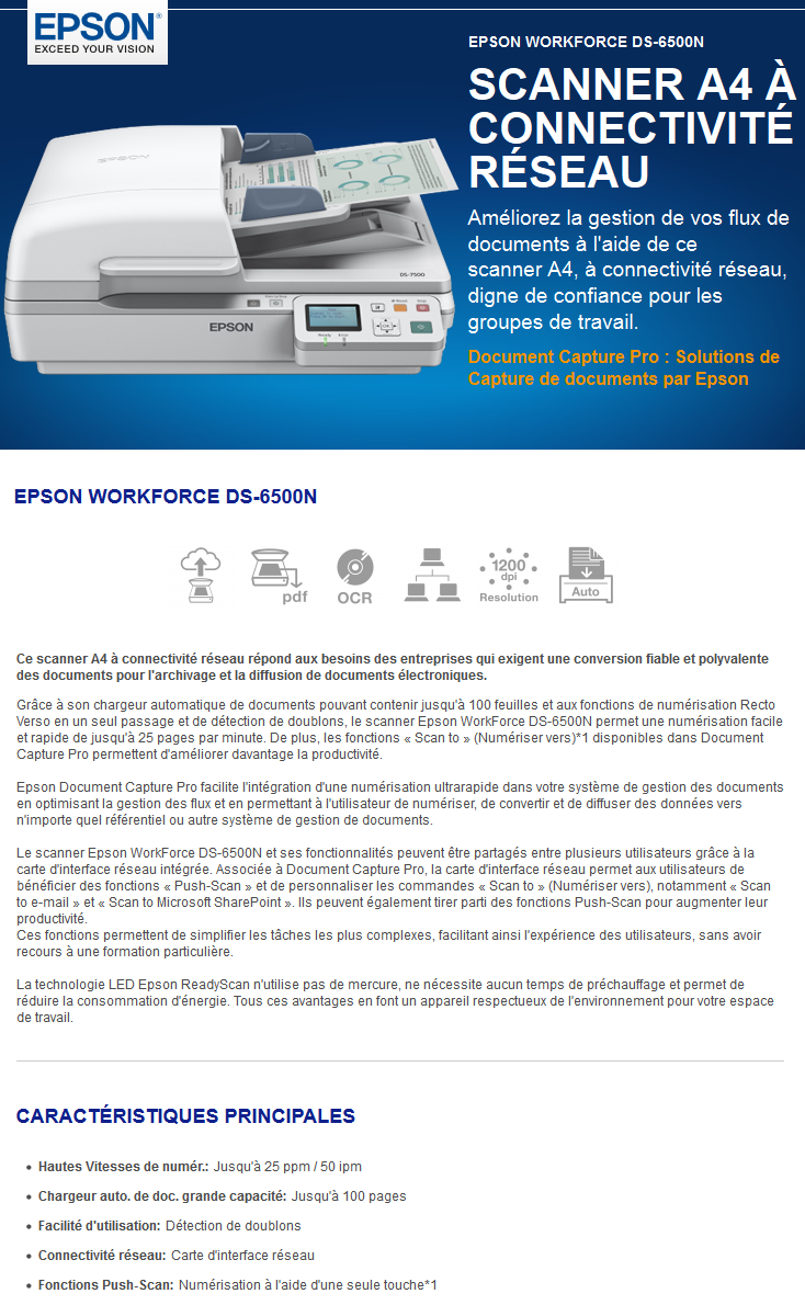 EPSON Scanner de Documents WORKFORCE DS-6500N Recto-Verso_BLANC