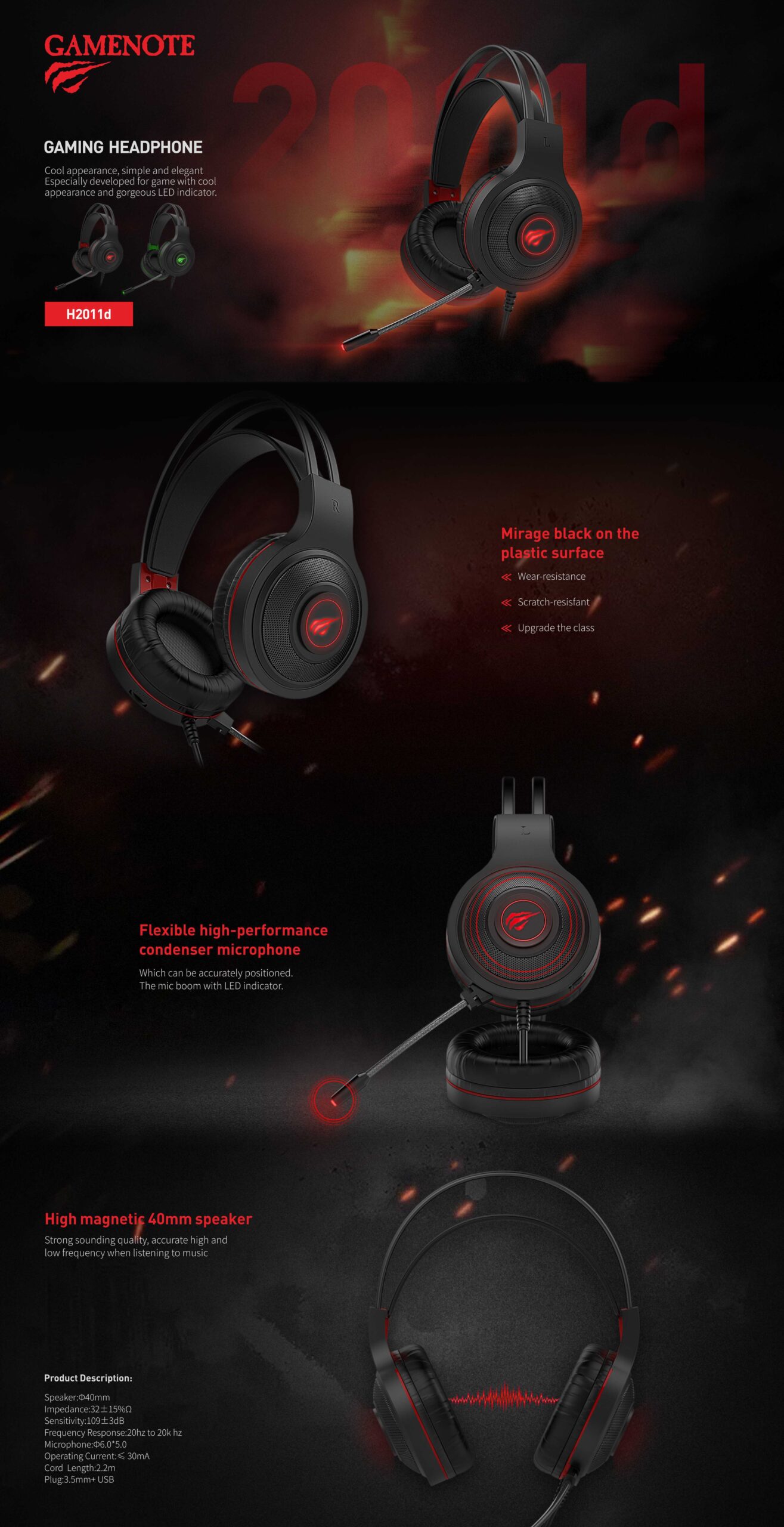 Micro Casque HAVIT HV-H2011D GAMER LED ROUGE_NOIR