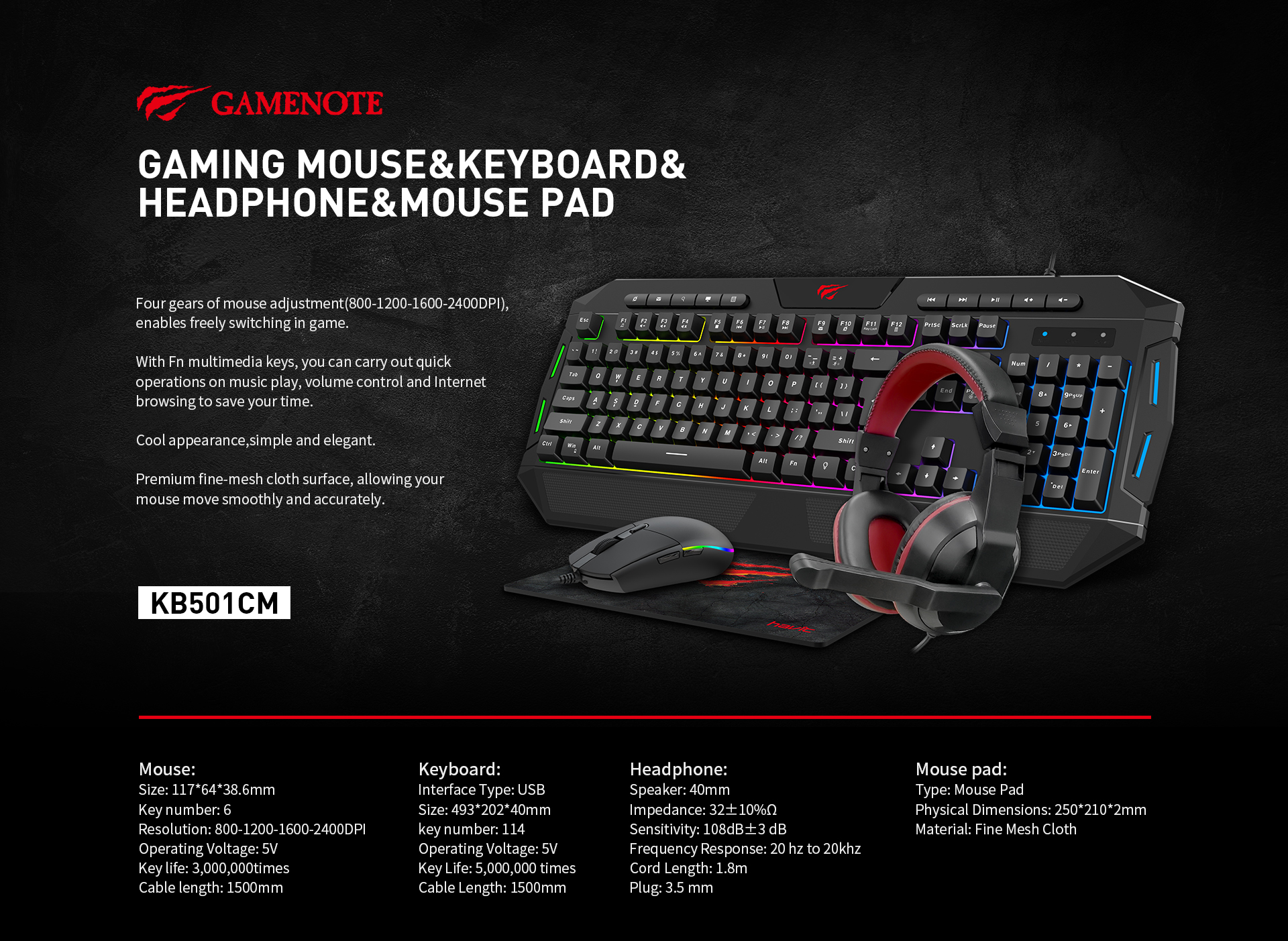 Combo HAVIT Gaming KB501CM 4 en 1_NOIR 